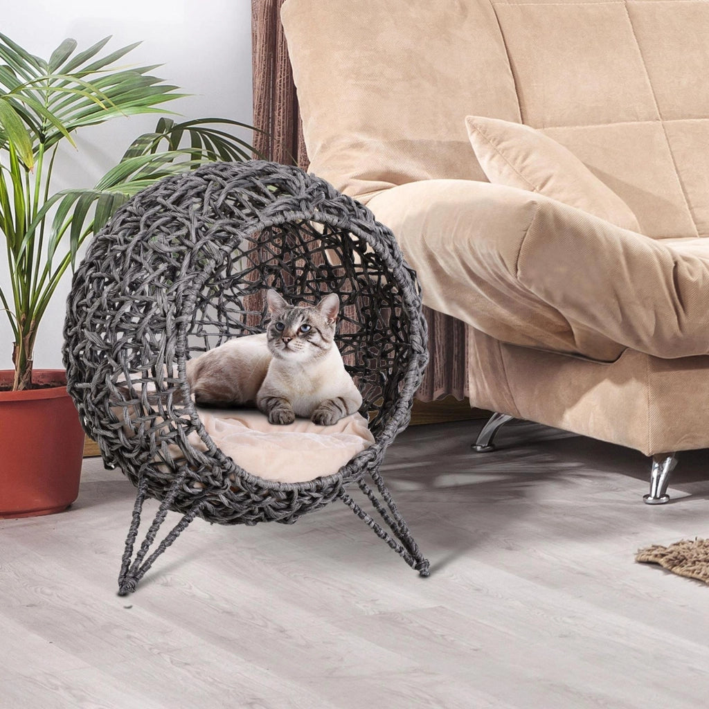 Casetta Gatti Rattan con Cuscino ¨C Minimal ¨C Grigio ?52x58 cm