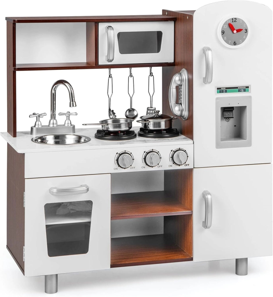 Cucina Giocattolo per Bambini, Cucina Legno per Bambini con Forno, Microonde, Frigorifero, Macchina del Ghiaccio, Lavello e Rubinetto, Funzione Luci e Suoni, per Bambini 3 Anni+