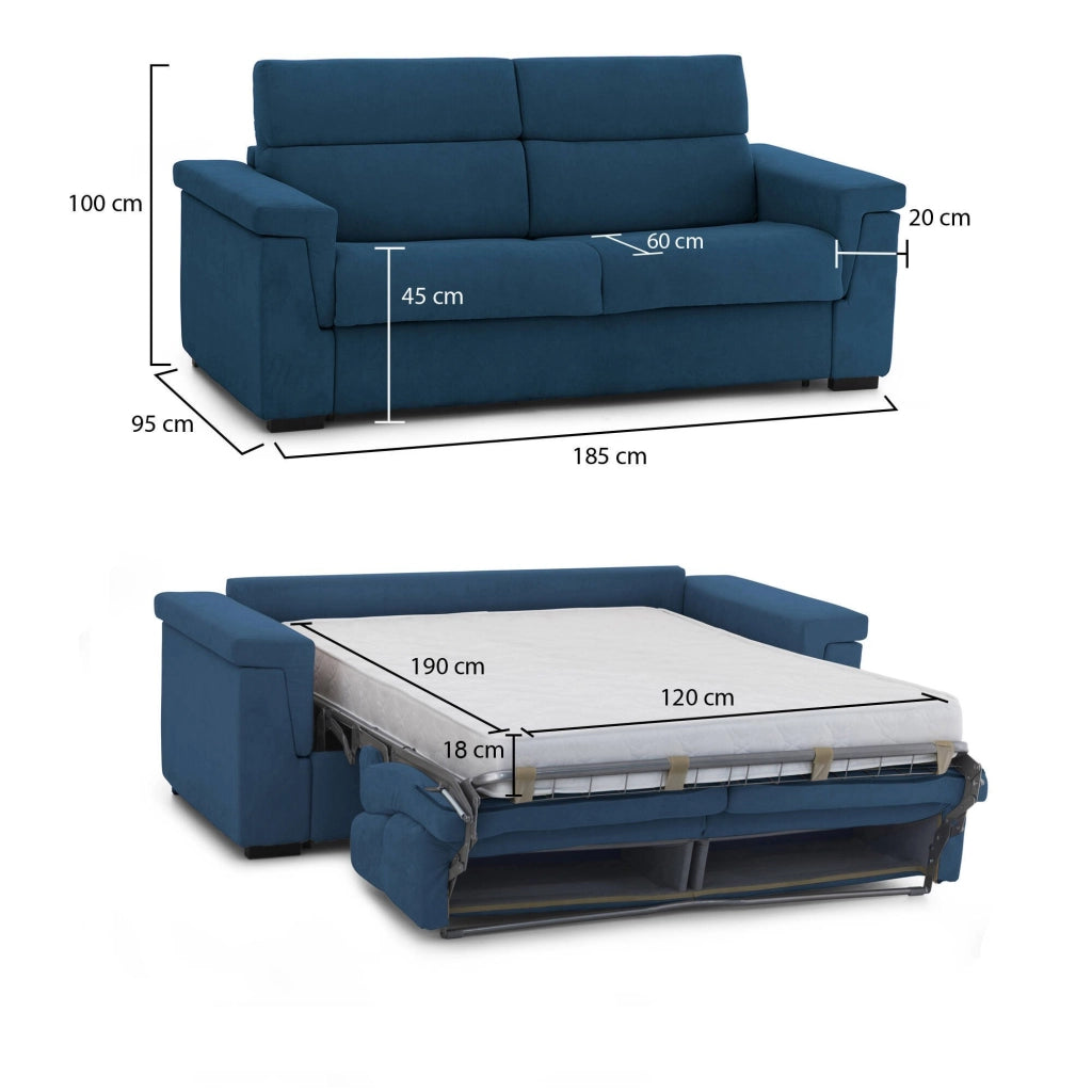 Rigolato, Divano Letto 2 Posti Sfoderabile Made in Italy, 185x95 cm blu