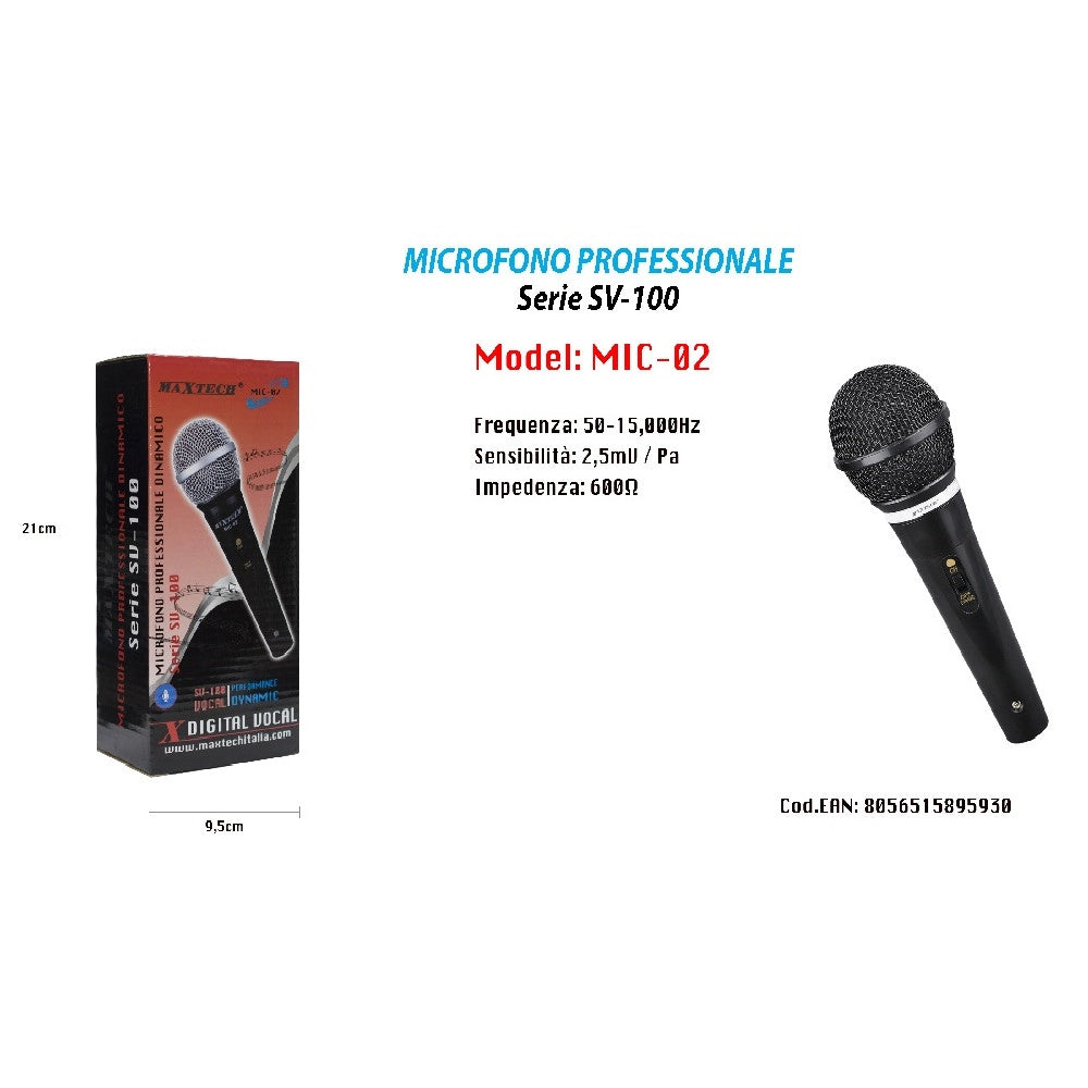Trade Shop - Microfono Unidirezionale 17,5cm On/off Cavo 2mt Xlr Jack Karaoke Maxtech Mic-02 -