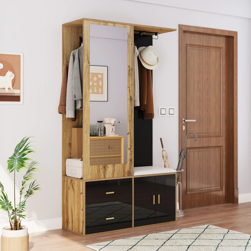 ARMADIO INGRESSO 100x38x180 cm Nero e Effetto Legno con Specchio