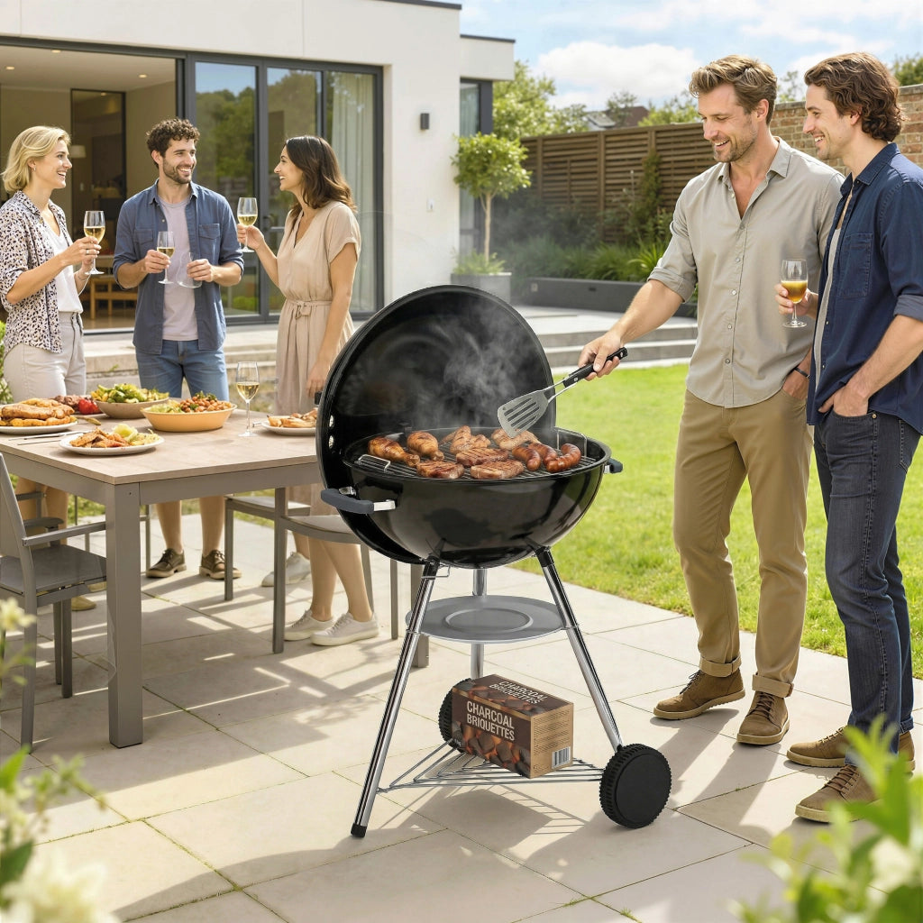 Barbecue a Carbone Rotondo con Coperchio ¨C Xylo ¨C Termometro e Ruote, Nero