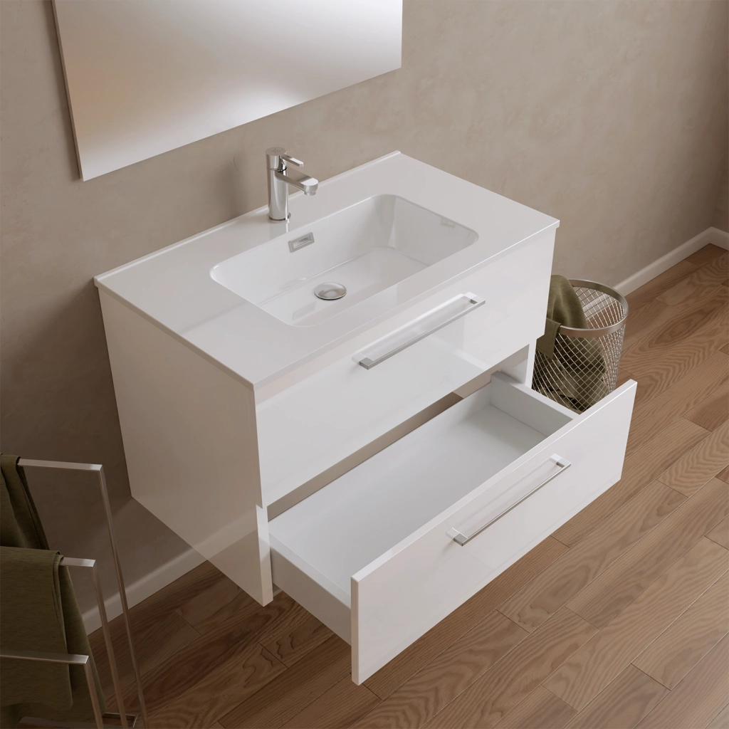 Mobile da bagno sospeso 100cm bianco lucido con lavabo e specchio | Hana