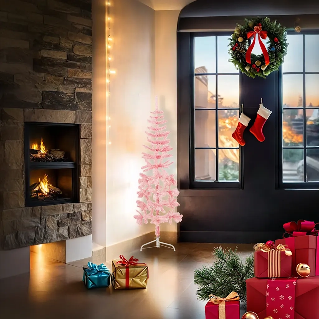 Albero Natale | Decorazioni natalizie Artificiale Sottile a Met¨¤ e Supporto Rosa 120 cm