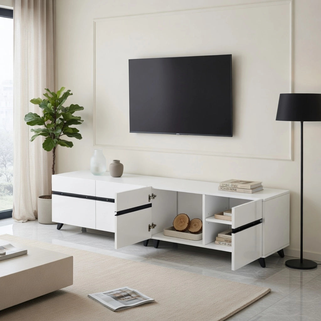 Cassettiera TV bianca in MDF lunghezza 180 cm