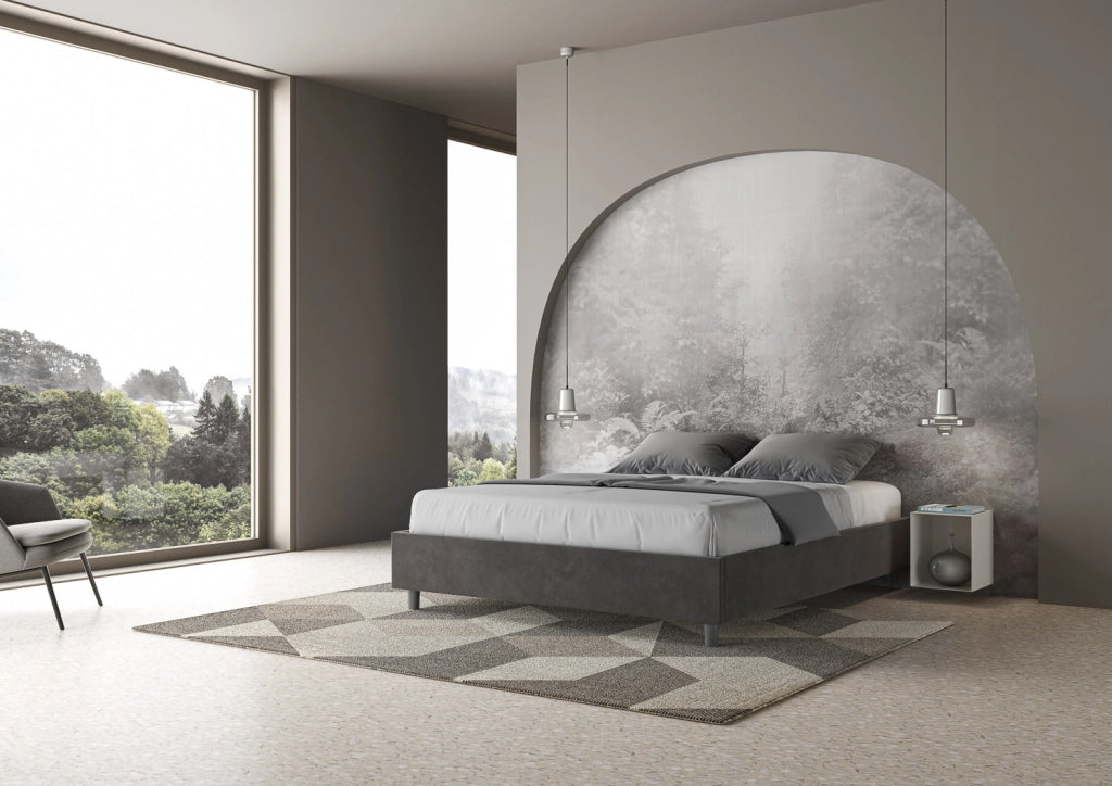 BS COM Letto queen size con rete imbottito 150x190 microfibra grigio