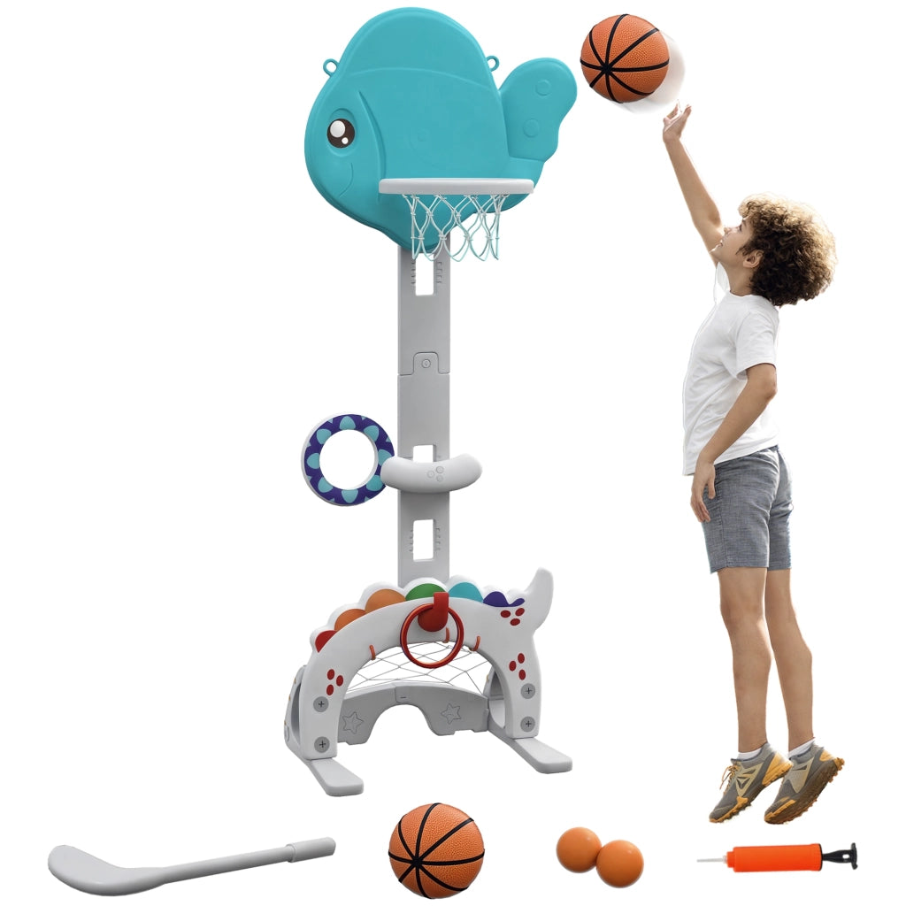 Canestro Basket per Bambini 5 in 1 con Altezza Regolabile, Porta da Calcio e Golf, Et¨¤ 3-6 Anni