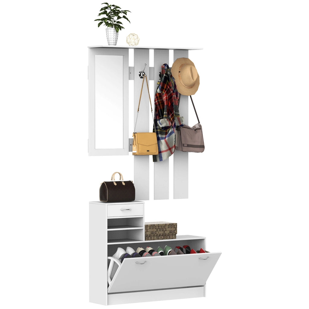 Mobile ingresso con appendiabiti specchio e panchina ¨C Zephmum ¨C Bianco