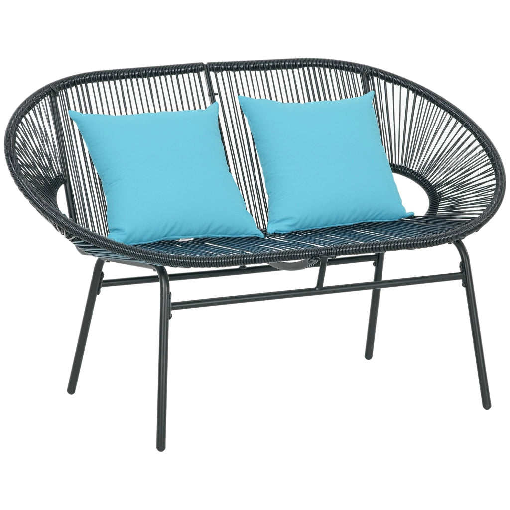 Divano da Giardino 2 Posti in Rattan PE e Acciaio con Cuscini e Braccioli, 132x72x83 cm, Nero