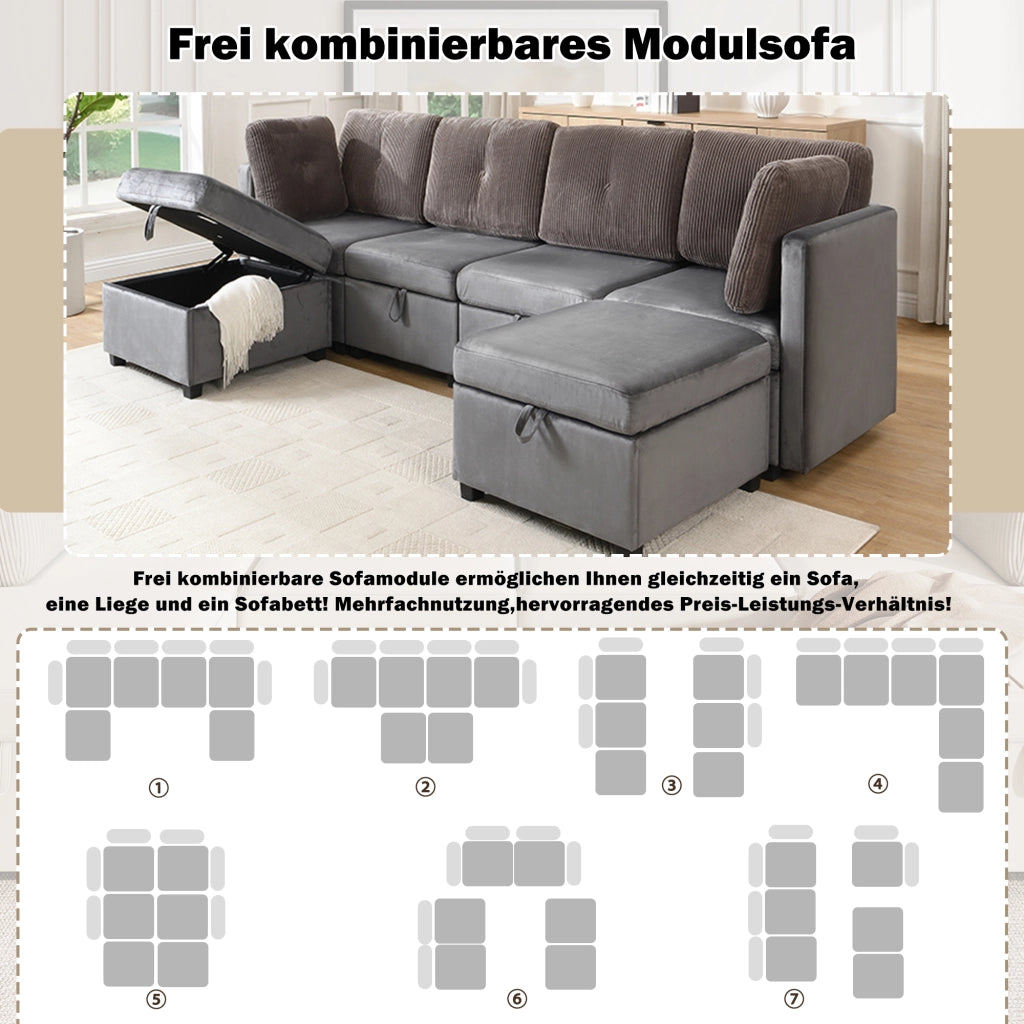 DIVANO modulare a U 261x132,5 cm velluto e corda grigio antico