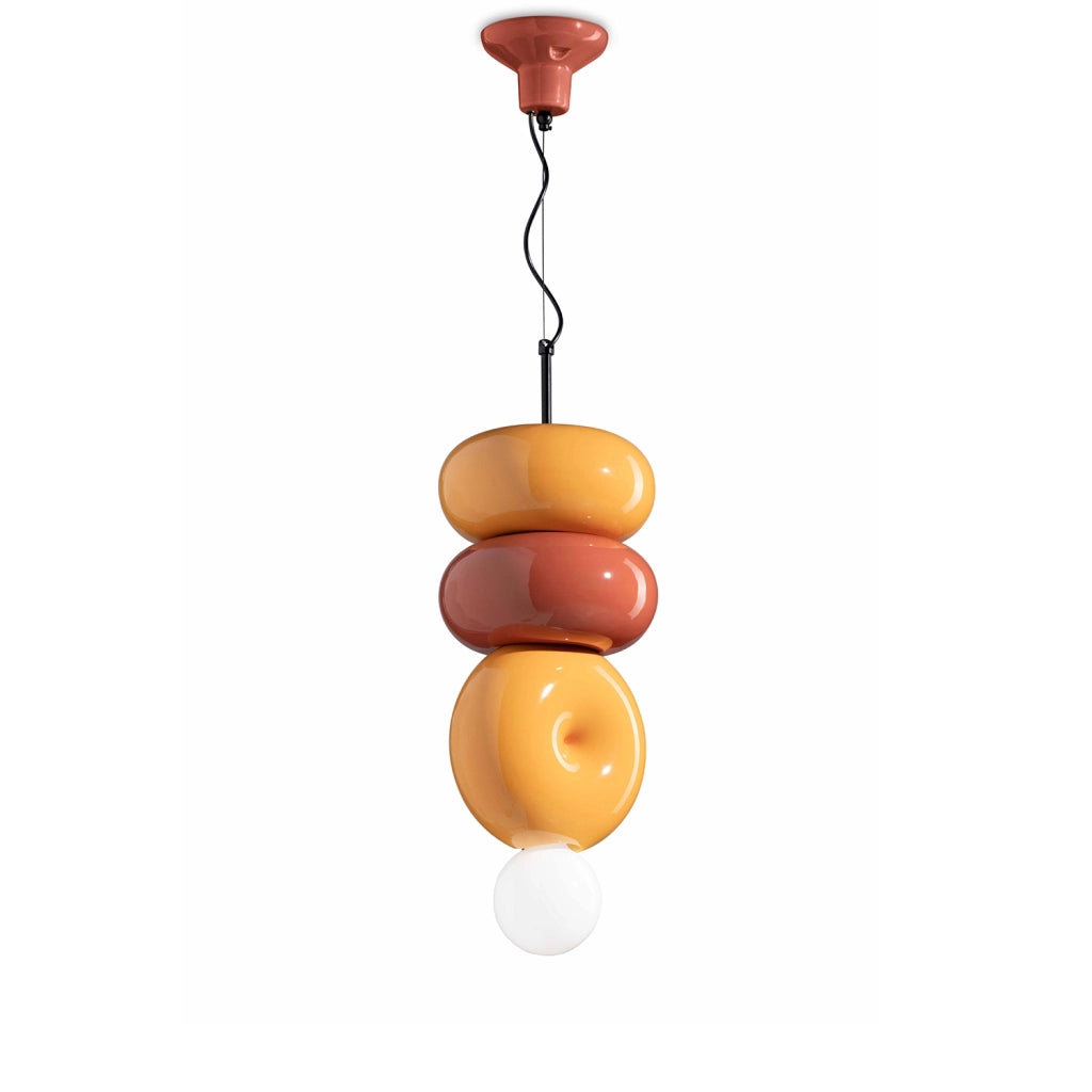 Sospensione Vintage Decò Bumbum 2+1 Elementi Ceramica Gialla Arancio 1 Luce E27