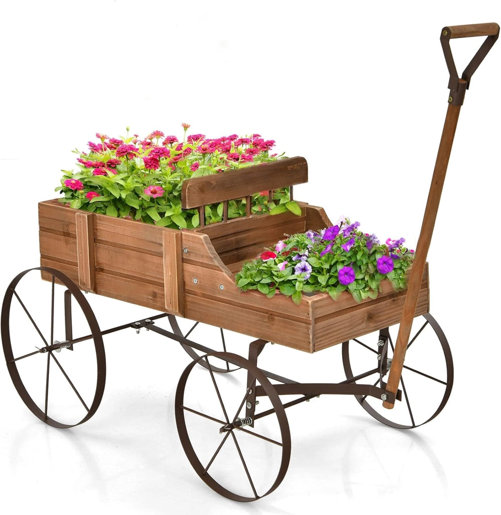 Fioriera da Esterno a Forma di Carrello, Carriola da Giardino in Legno, Decorazione per Giardino e Cortile dal Design Vintage (Marrone)