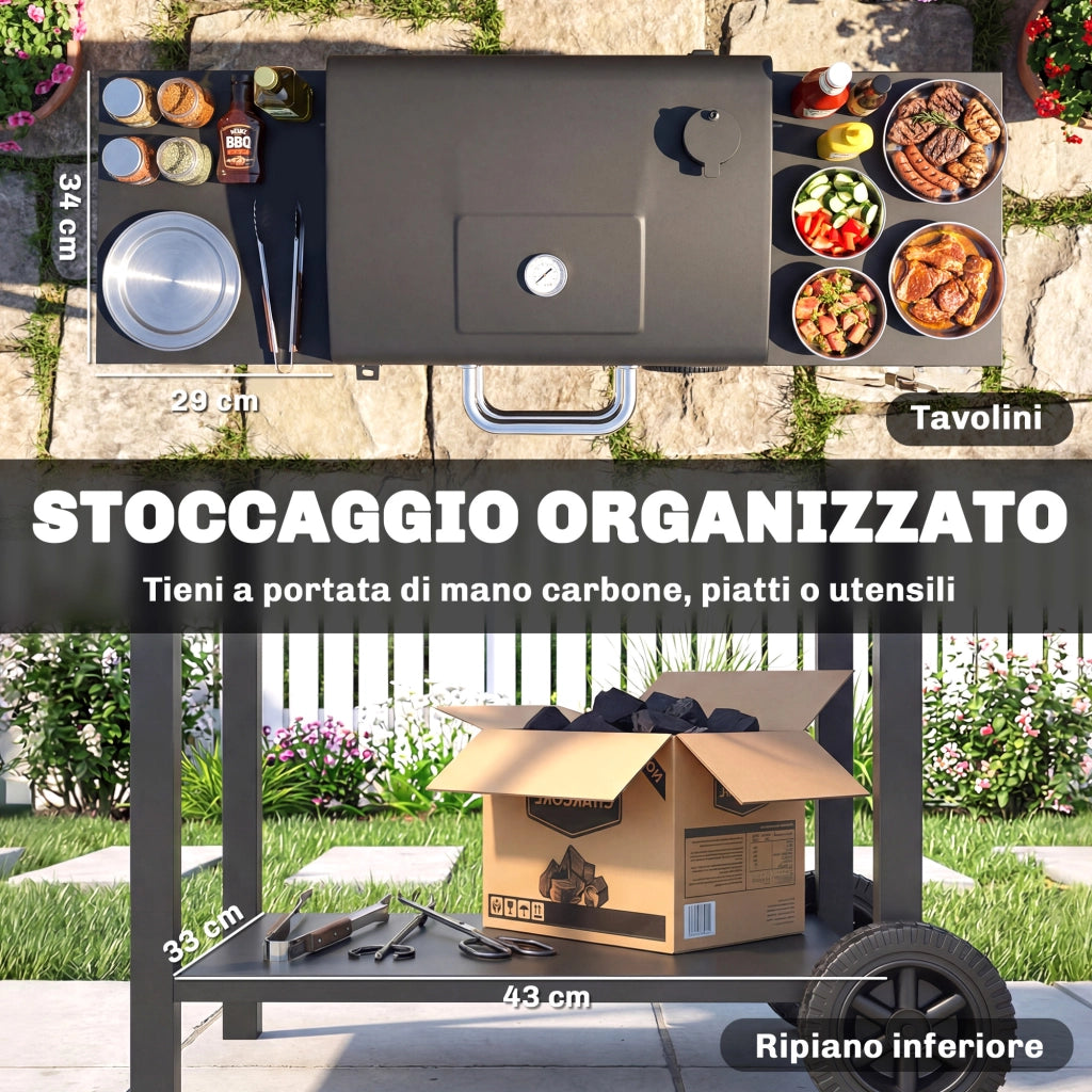 Barbecue a Carbone con Termometro e Ruote - Xylo - Nero, 110x46.5x101 cm
