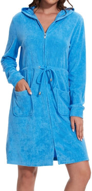 Badia elegante per donne con cappuccio e zip in cotone da bagno, corta e blu chiaro turquesa