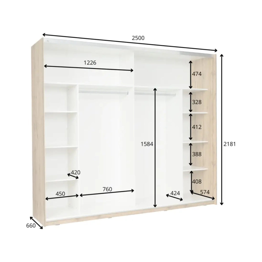 Camera completa WOOD con letto 160 x 200 cm LED, armadio 250 cm, cassettiera e comodini – Rovere e bianco