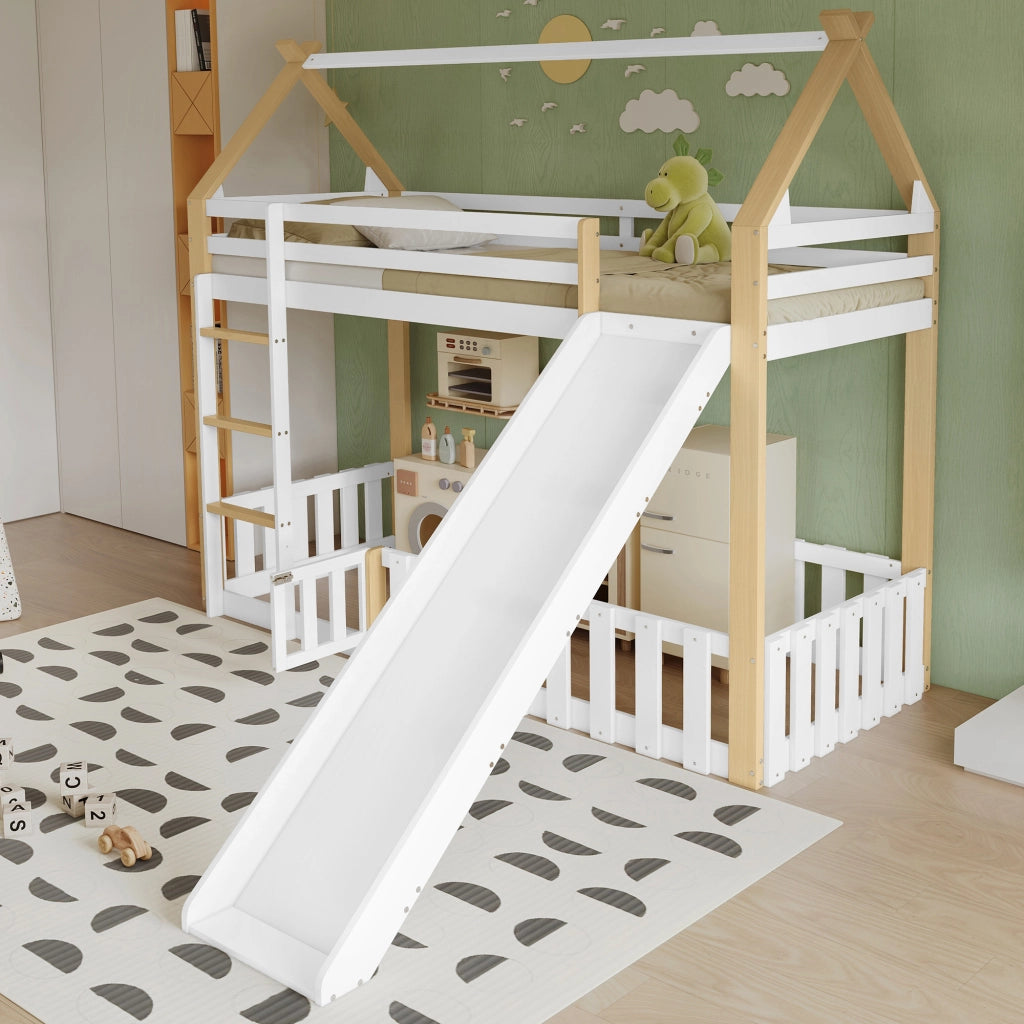 LETTO A CASTELLO con scivolo 90x200 cm bianco e naturale