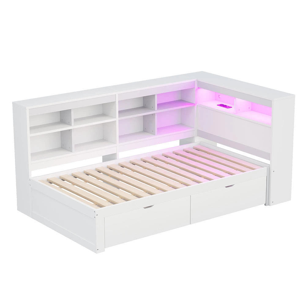 Divano letto massello 90x200cm - Xylo - bianco, porte USB, scomparti