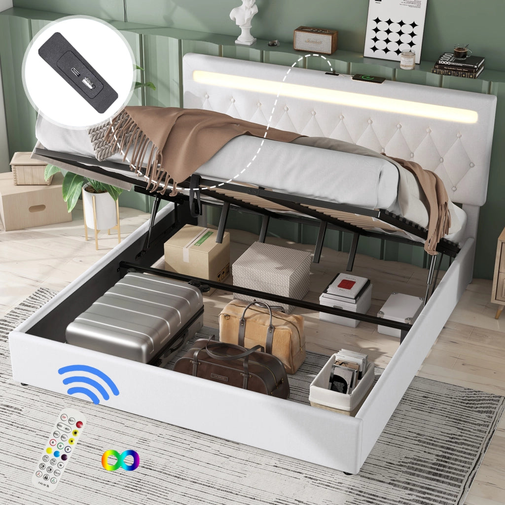Letto doppio imbottito 180x200cm con ripostiglio; USB e Tipo C in bianco