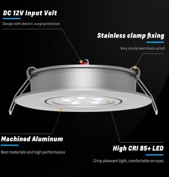 Lampada a LED inverteribile a 12V - spot a pavimento per camper e caravan - 2W - spot inverteribile - angolo di diffusione 70° 35° - illuminazione per cucina e bagno - costruzione in alluminio - 205 lm (5000K)