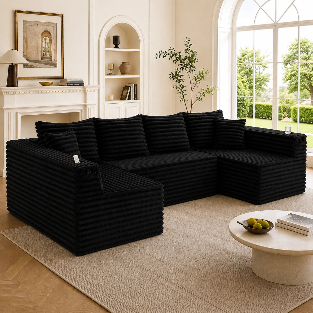 Divano ad U in Velluto a Coste con Portabicchieri ¨C MINIMAL ¨C Angolare, Cuscini, Ergonomico
