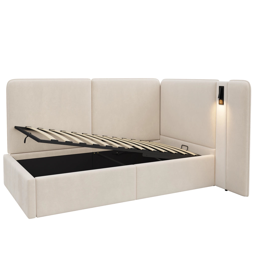 Letto con contenitore idraulico velluto beige 90x200 cm