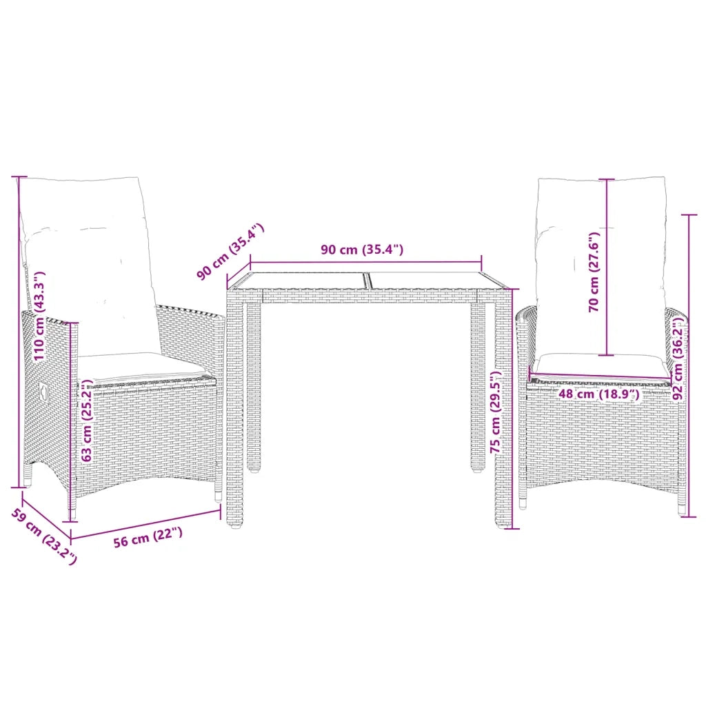 Set da Bistrò 3 pz con Cuscini Grigio in Polyrattan