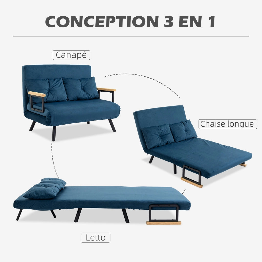 Divano letto 2 posti con schienale regolabile e cuscini ¨C Minimal ¨C blu velluto