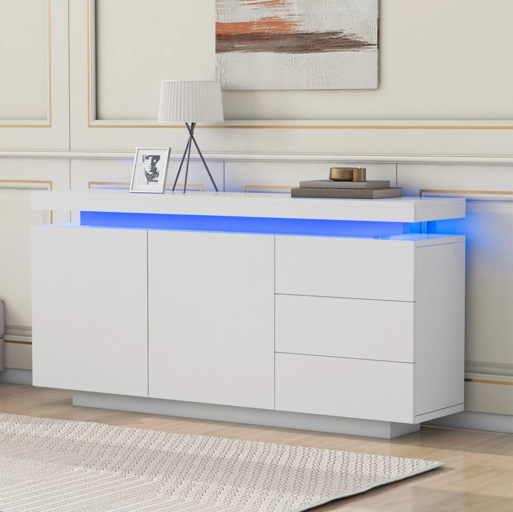 Credenza 140x35x72.5 cm con LED; 2 ante e 3 cassetti; bianco