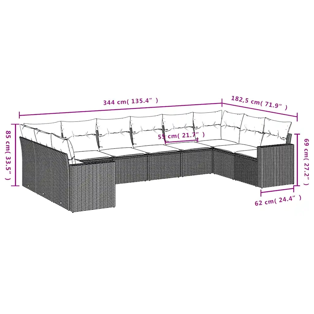 Set Divani da Giardino 10pz con Cuscini in Polyrattan Marrone 3219464