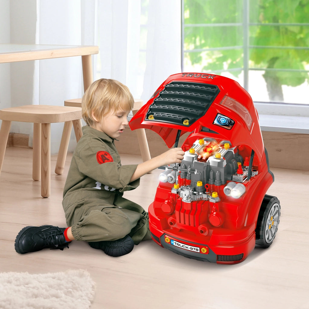 Set Motore Camion Giocattolo per Bambini ¨C Xylo ¨C 61 Pezzi con Volante e Luci LED Rosso 40x39x47cm