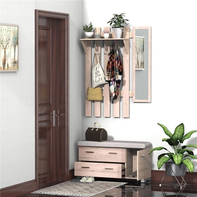 SET 3 PEZZI SCARPIERA APPENDIABITI E SPECCHIO PER INGRESSO IN LEGNO