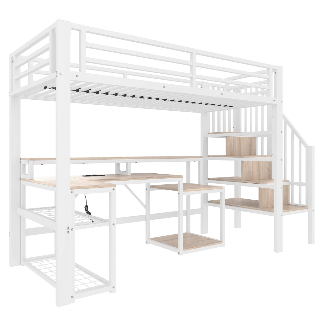 Letto a castello 90x200cm - Zephmum - Struttura in ferro, cassettiere, scale con contenitore, LED, scrivania USB, bianco
