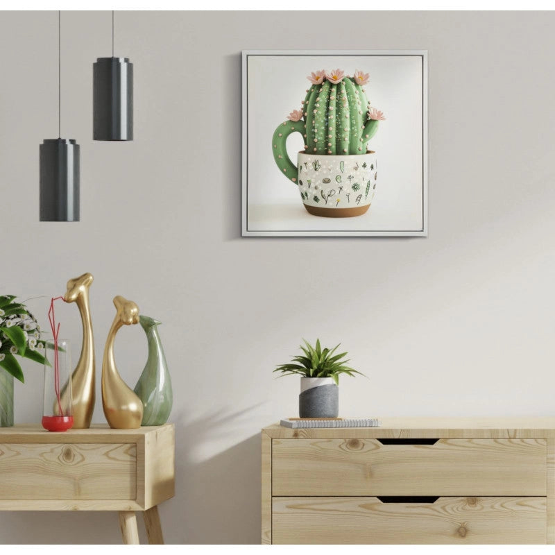 Stampa Su Tela Laccata Con Cornice Vasetto Cactus -b- cm 40x2,8x40