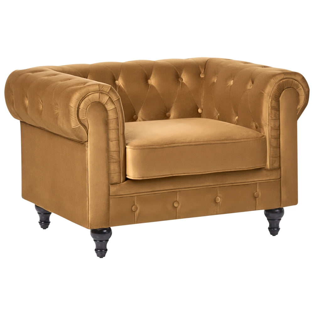 Poltrona Chesterfield Rivestimento in Tessuto Velluto oro Gambe in Legno Scuro Contemporanea