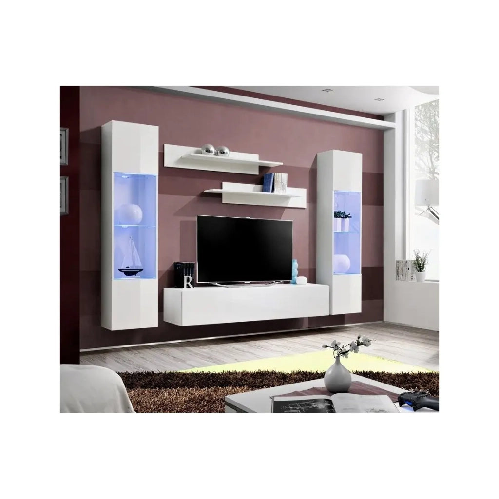 Mobile da TV FLY A3 design, colore bianco lucido + LED. Mobile sospeso moderno e alla moda per il tuo soggiorno.
