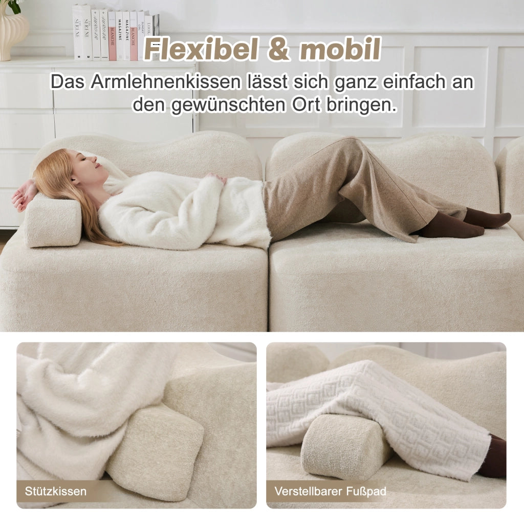 Divano modulare 2 posti con pouf in schiuma 32D e velluto beige