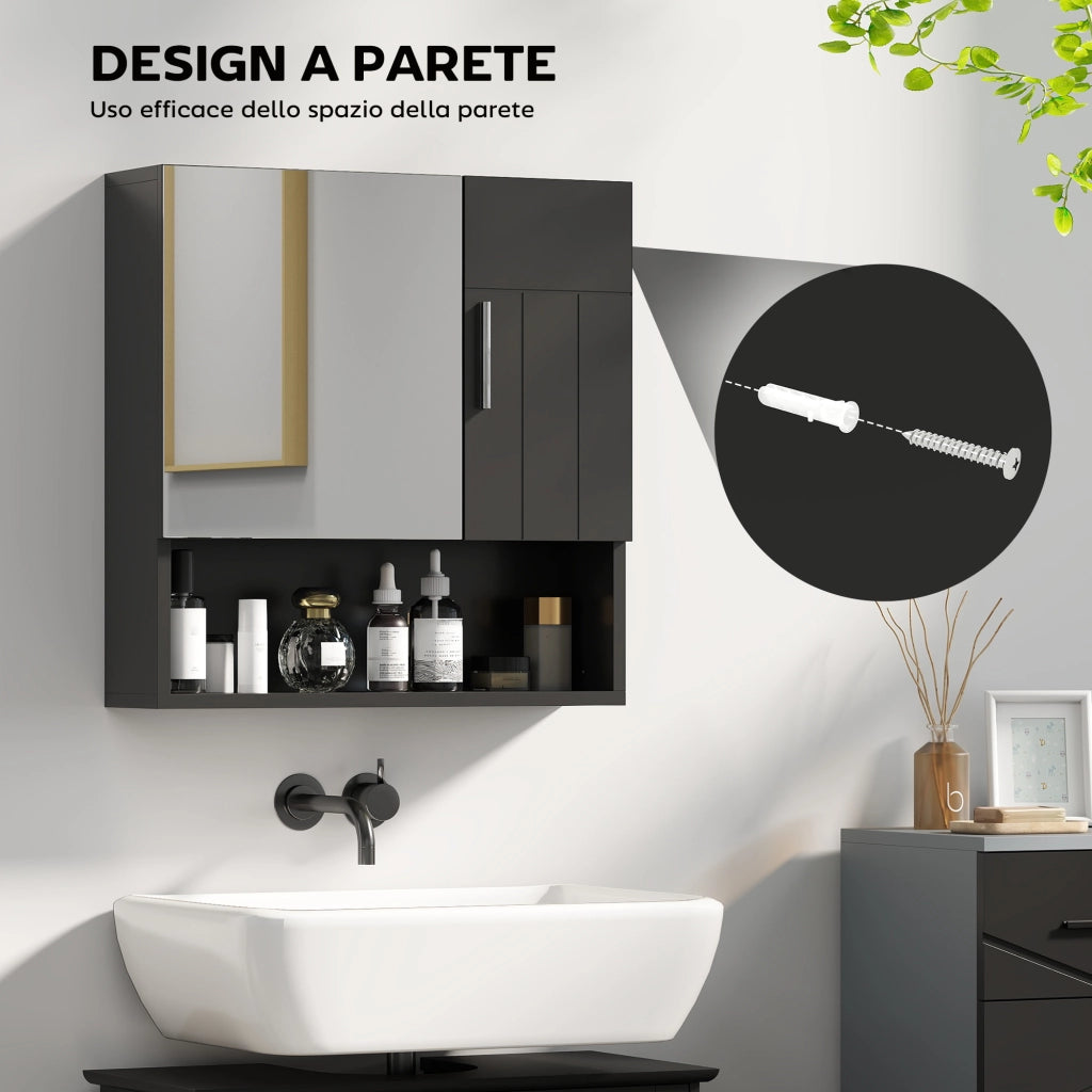 Armadietto Specchiera Bagno in Legno con Mensole Regolabili e Ripiano Aperto ¨C Zephmum ¨C Nero 54x15.2x55.3 cm