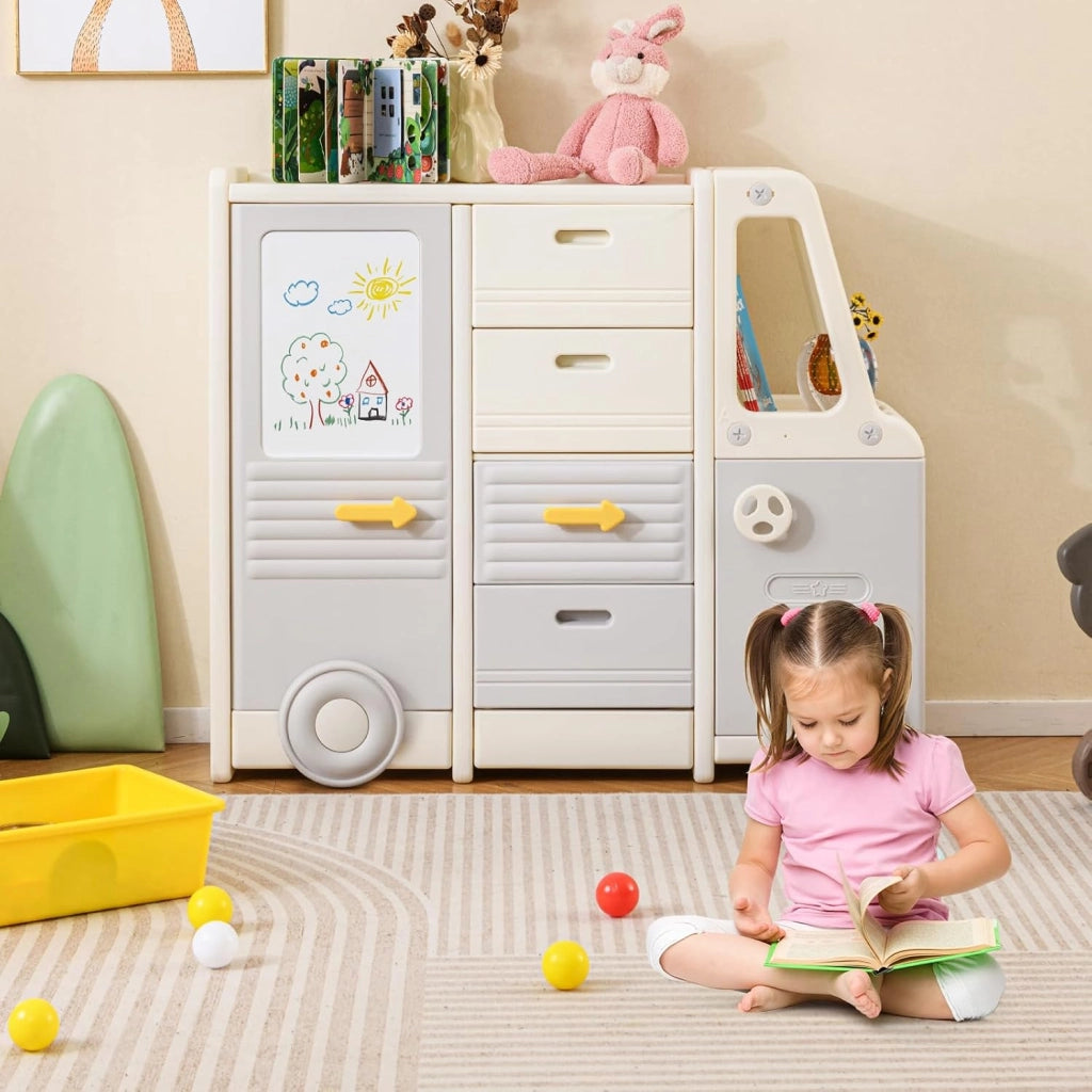Organizzatore per Giocattoli per Bambini, Scaffale Portagiochi a Forma d Autobus con 1 Lavagna, 4 Cassetti e 2 Armadi, Contenitori Salvaspazio per Camera da Letto, Ingresso e Soggiorno