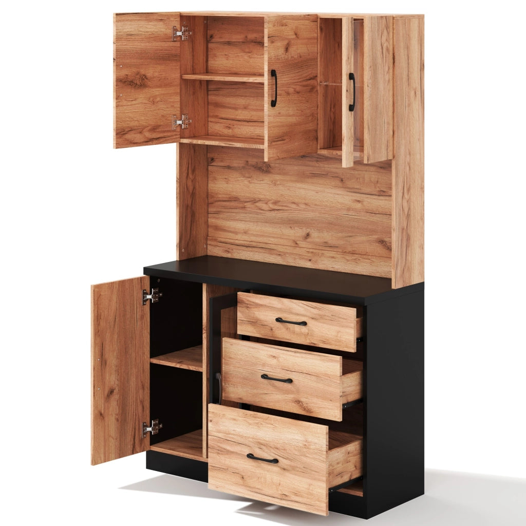 Pensile da Cucina con LED e Ripiani Regolabili ¨C Xylo ¨C Nero e Legno 105x40x180 cm