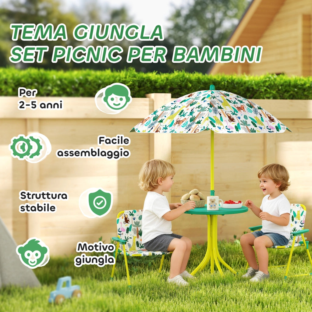 Tavolo da Picnic per Bambini Set Tavolo e Sedie con Ombrellone Verde