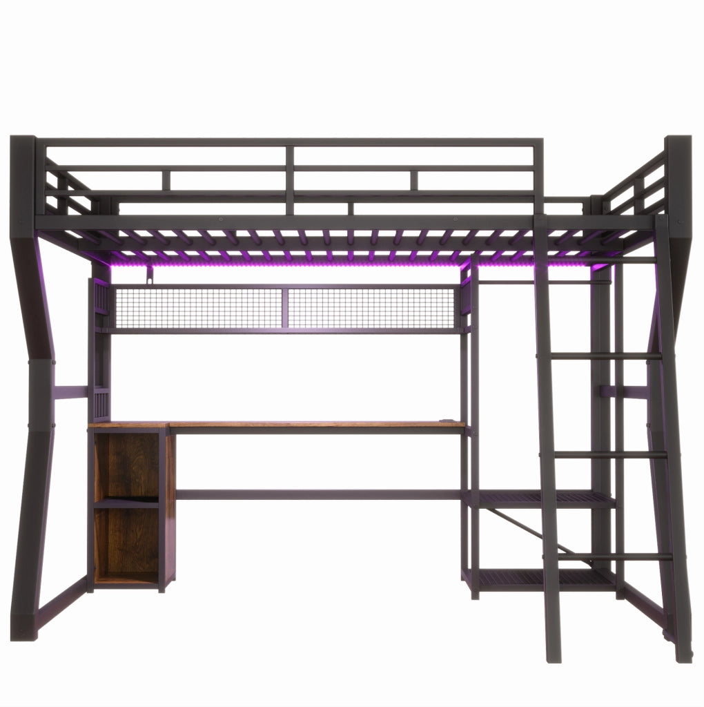 Letto a soppalco 140x200 cm in metallo e MDF con scrivania; luce LED e presa; nero