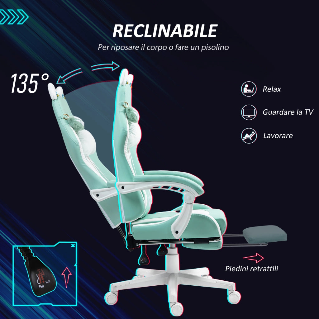 Sedia da Gaming Reclinabile con Poggiapiedi ¨C Xylo ¨C Finta Pelle Bianco e Blu 65x62x116-124cm