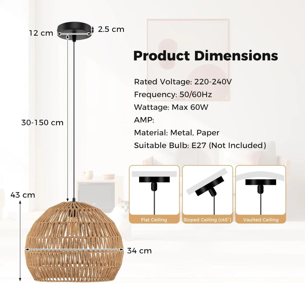 Lampada a Sospensione, Lampadario Moderno con Struttura in Metallo e Cupola in Carta, Luce con Altezza Regolabile per Cucina, Camera da Letto e Soggiorno, 43 x 43 x 34 cm (Marrone)