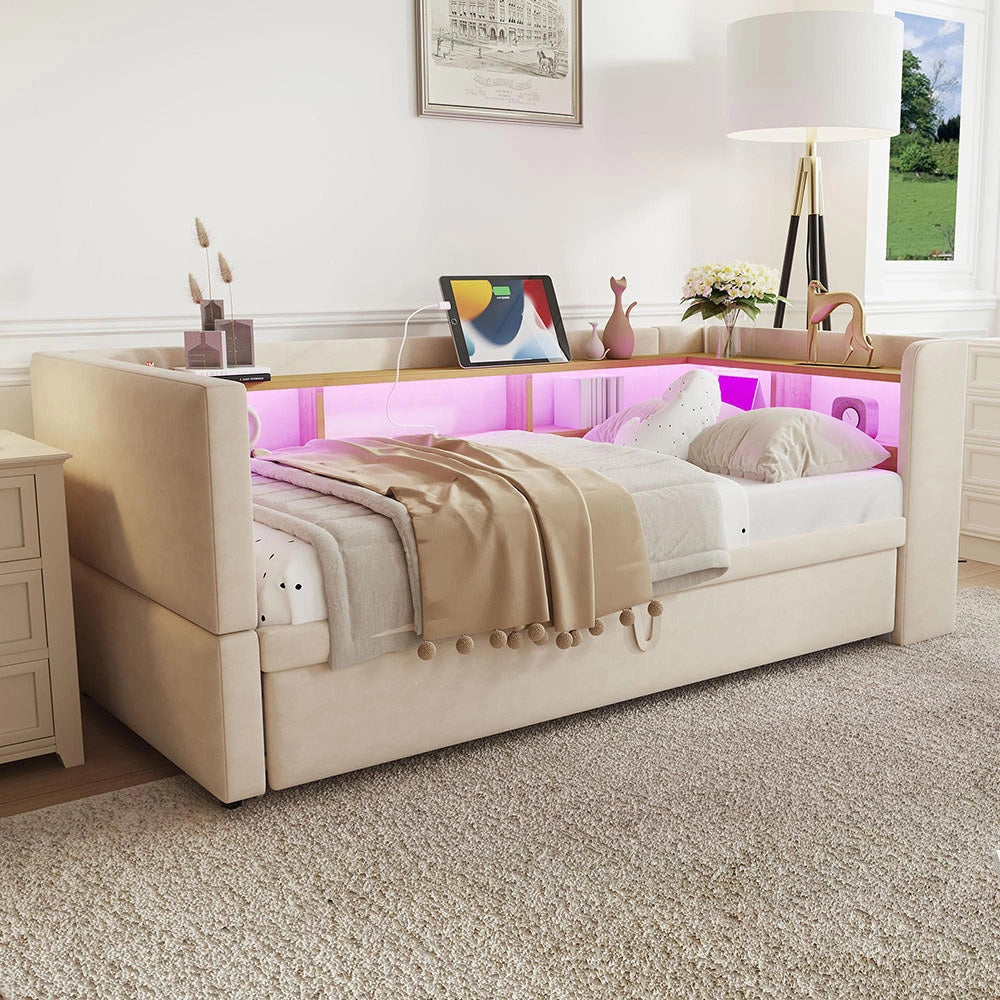 Divano letto - Xylo - 90/180x190 cm LED USB beige
