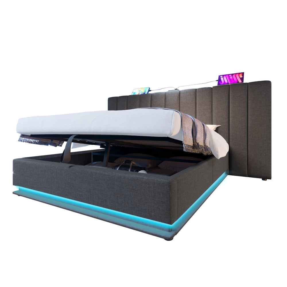 Letto Imbottito Contenitore Matrimoniale con LED e USB ¨C MINIMAL ¨C Tessuto Grigio 180x200