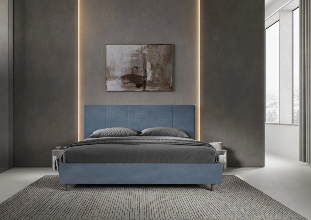BS COM Letto matrimoniale king size senza rete imbottito 190x200 microfibra blu