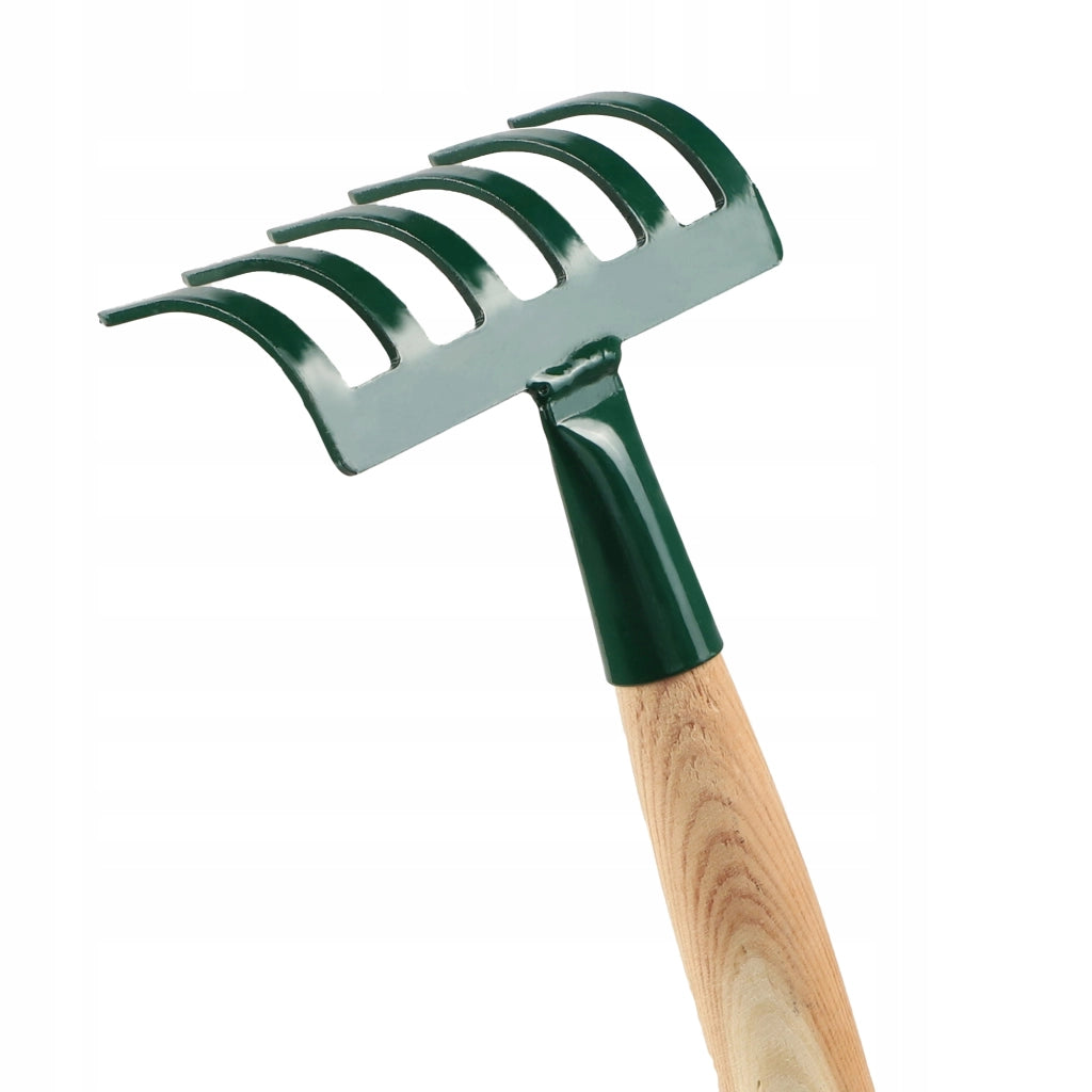 Rastrello da giardino in metallo KADAX, piccolo, 35 cm, 6 denti, manico in legno massello