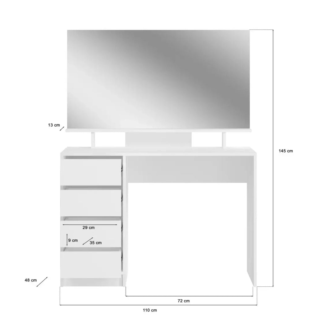 Toilettista ESTRELLA bianca con specchio – 110 cm, 4 cassetti, stile classico
