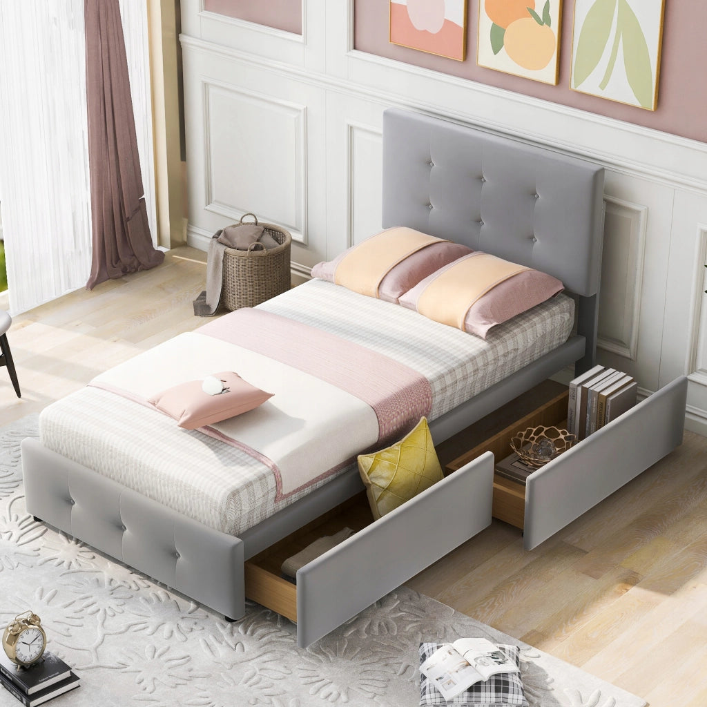 Letto imbottito 90x200 - Xylo - Grigio con cassetti e testiera regolabile