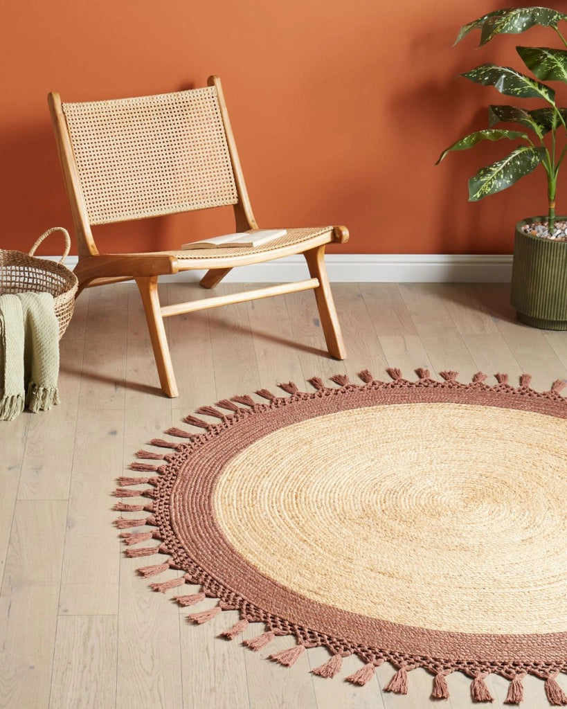 Tappeto Beige e Marrone Rotondo 140 cm Boho Rustico Spirale Intrecciato Fatto a mano Juta Naturale Camera da letto Soggiorno